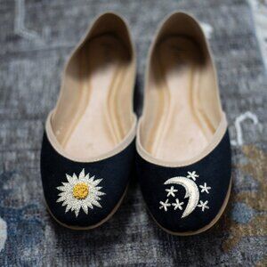 Black Velvet Celestial Embroidered Ballet Flats | Sun Moon Stars | Size 8